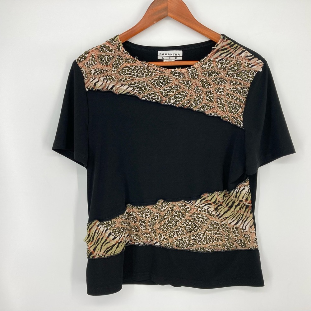 Samantha Lee Women's Sz L Knit Top Black Green Animal Print Applique Scoop Neck